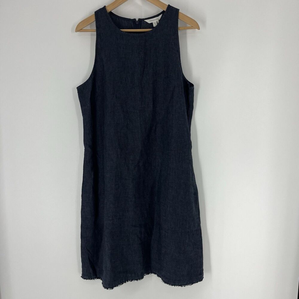 Garnet Hill Dress Size 10 Navy Linen European Flax Fringe Hem A Line Chambray